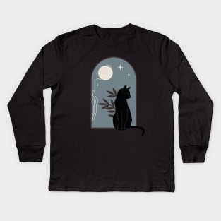 Black cat with plants and night sky in vintage boho minimalist style Kids Long Sleeve T-Shirt